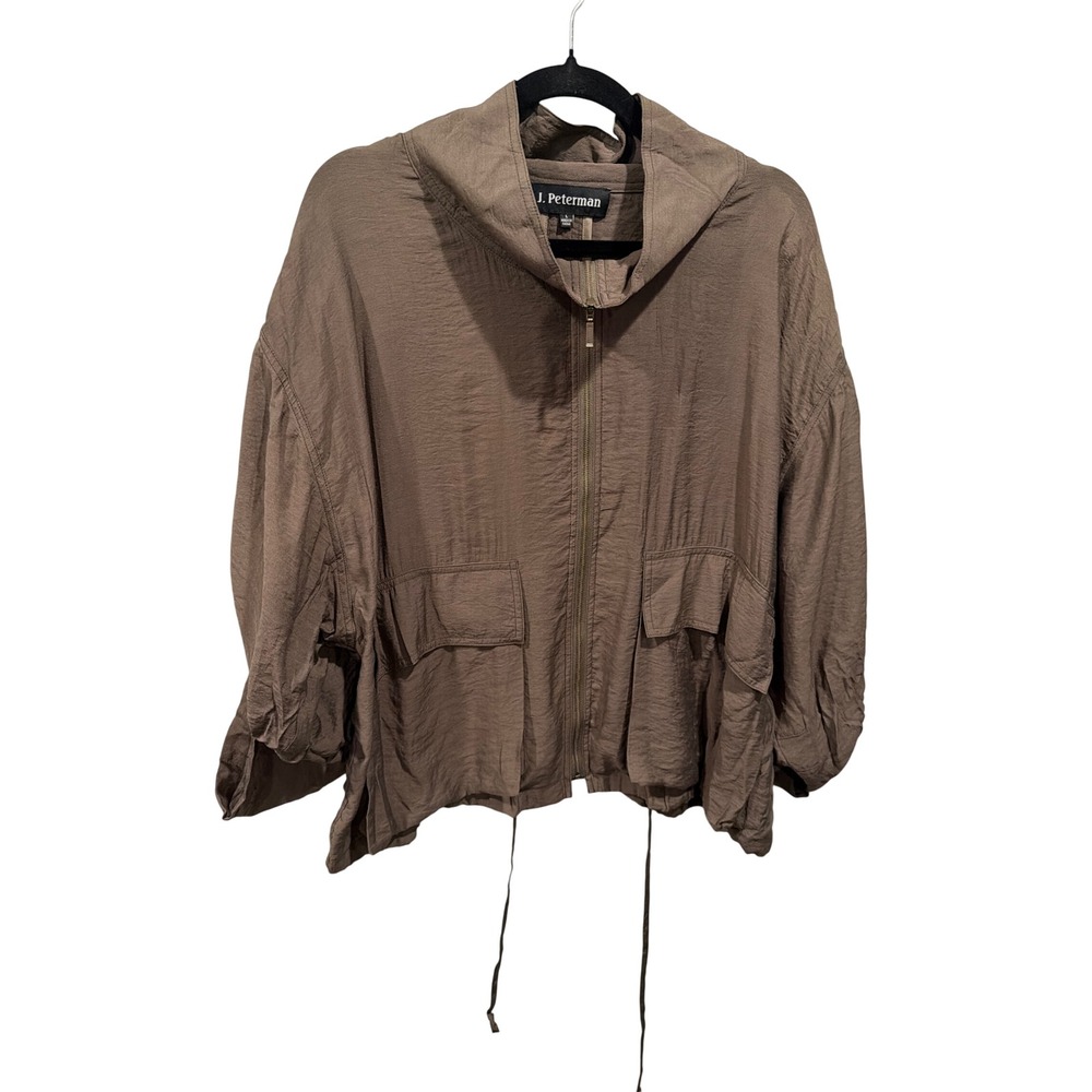 J. Peterman Jacket Brown Viscose Nylon Zip Front Oversized Dolman Sleeve Large